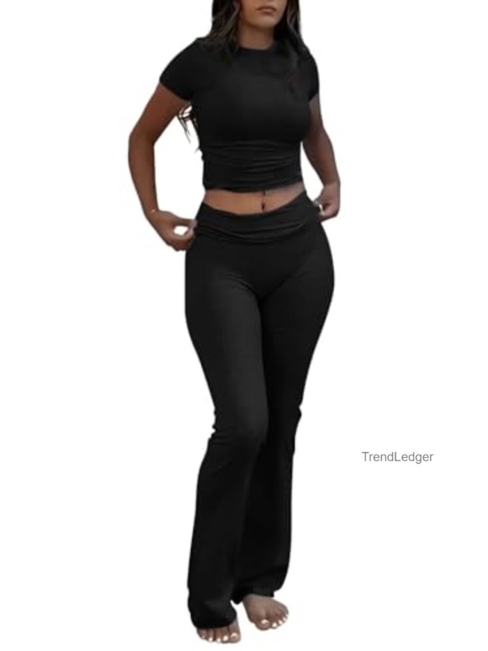 Casual Workout Two Piece Outfits for Women Short Sleeve Crop Top High Waist